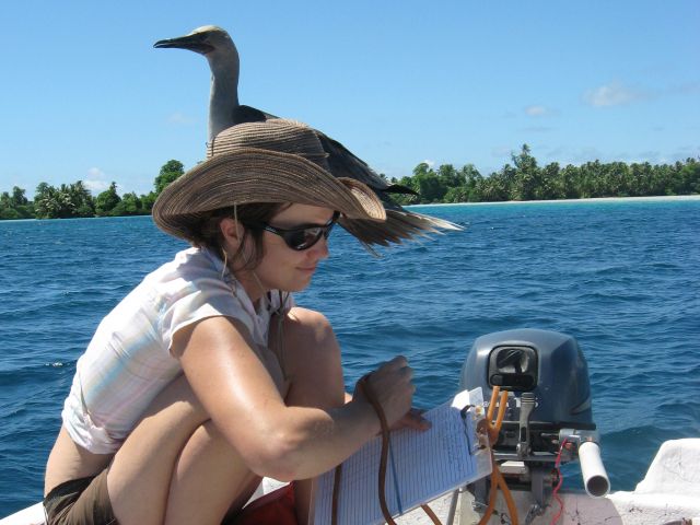 Dr. Young with Red-footed Booby. Credit: Hillary Young